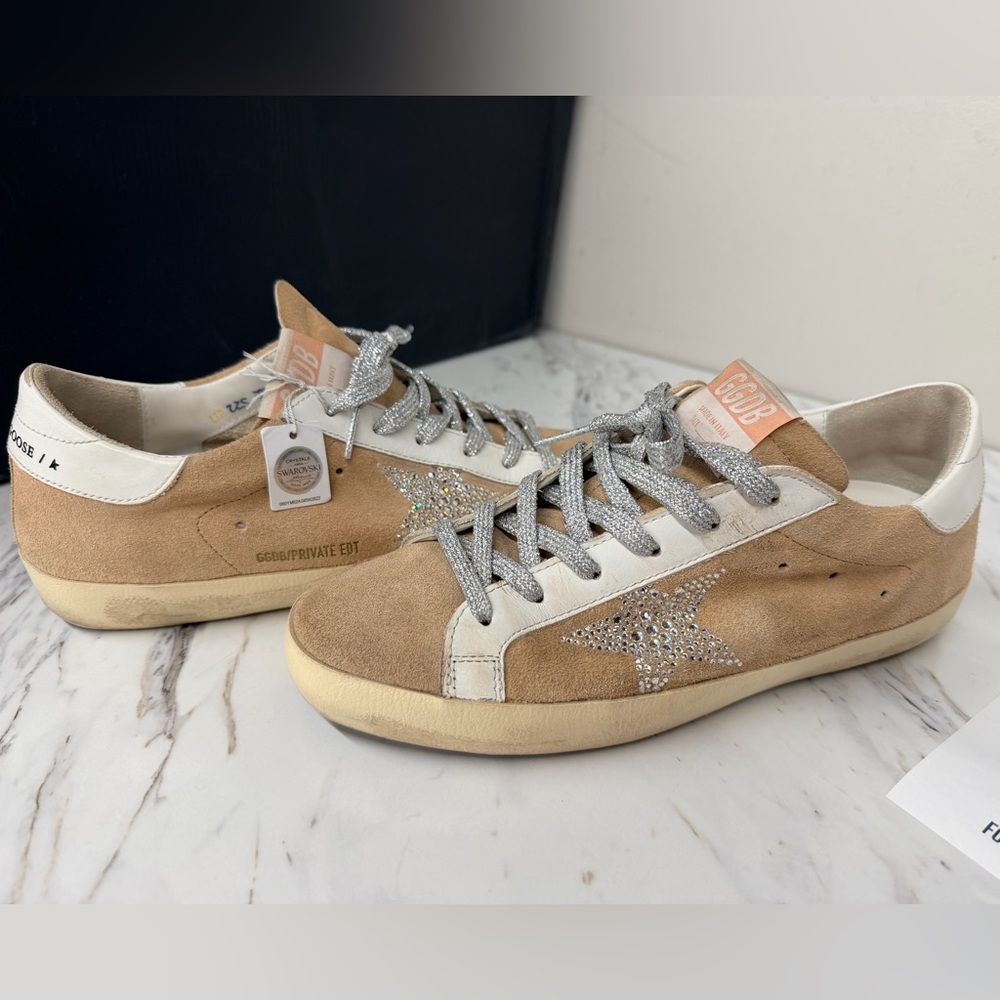 Golden Goose Beige and White Sneakers with Glittering Silver Star